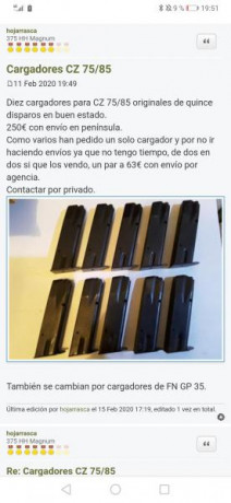 Busco un cargador para pistola CZ75 B en buen estado, que deje la corredera abierta en el último disparo 10