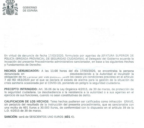 Buenos días.

Hecho denunciado:

“Deambular practicando deporte en solitario el día 17/03/2020 por zona 120