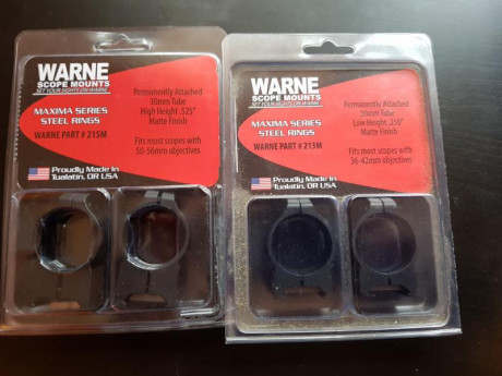 Vendo dos juegos de anillas warne maxima fijas para tubo de 30mm 
Unas altas y otras bajas 
#215m
#213m 00