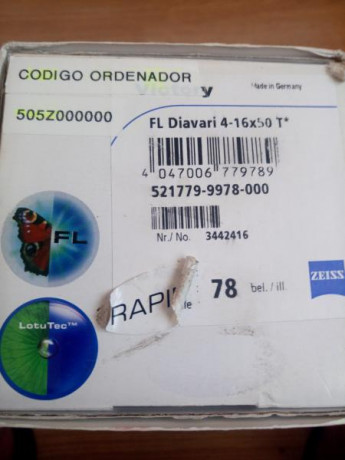 Visor Zeiss Victory FL 4-16x50 de estreno, nunca usado.
Con Retícula Z-Rapid.
https://www.gunsamerica.com/digest/zeiss-rapid-z-reticle-conquest-victory-fl-reviews/
https://www.outdoorsupplies.co.nz/Zeiss_DiavariFL_4-16x50.html
https://www.dccameras.com.au/carl-zeiss-victory-diavari-4-16x50-t-fl-reticle-rapid-z7-rifle-scope.html
2.000€ 00