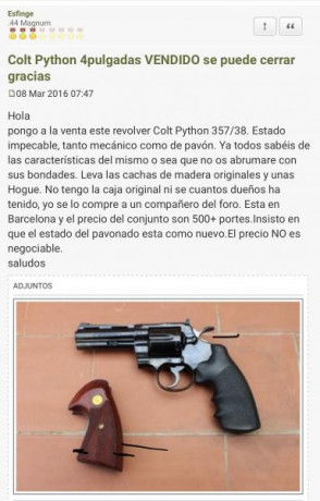 Vendo cacha para Colt Python nuevas. Sin estrenar.  100€ puestas en casa del comprador. Tlf 652500517. 70