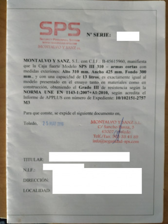 Se vende armero marca SPS de 15 litros grado III con norma  UNE 1143-1:2010  con cuatro años de uso, pero 01