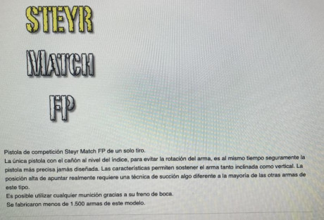 Se ofrece una magnífica pistola Steyr FP Match, cal 22 Lr, maletín , disparador regulable de 70