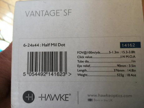 VENDO VISOR HAWKE 6-24X44 VANTAGE SF- cruceta HALF MIL DOT EN PERFECTO ESTADO

PRECIO 200.-€

montura 10