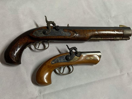 Vendo dos pistolas de coleccion de avancarga en calibre 45 de la casa DIKAR, nunca disparadas.
Se trata 02