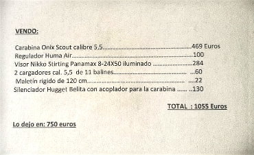 Hola a todos, se Vende una carabina Onix scout 5,5 y una pistola Onix Sport calibres 4,5 y 5,5, es de 80