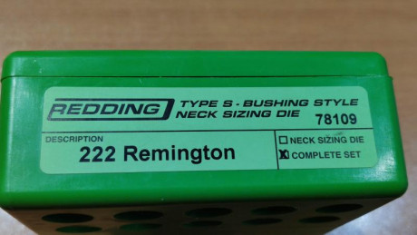 Hola Buenas tardes,

Vendo juego de dies de recarga para 222 Remington, Type S - Bushing de la marca Redding.

El 01