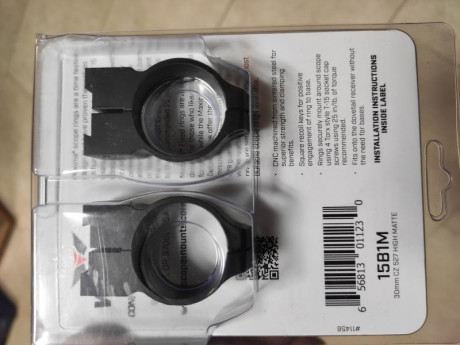 Vendo anillas de la casa Warner para visor de 30mm específicos para rifle CZ 16mm. Nuevas, solo sacadas 00
