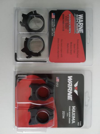 Vendo dos juegos de anillas Warne de acero nuevas.

Unas son para tubo de 30 y altura medium, para raíles 00