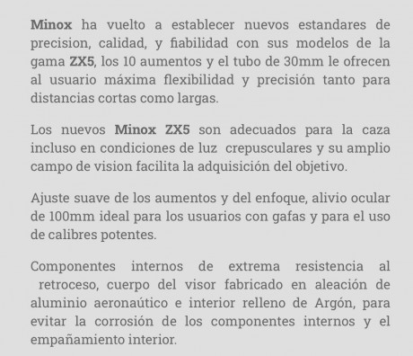 Se ofrece un magnifico visor MINOX ZX 5-25x50, con retícula iluminada con variación de intensidad, tubo 70