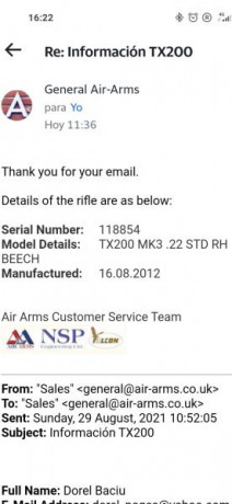 Hola necesito ayuda con una carabina Air Arms tx200 para identificar correcto el año de fabricación.El 30