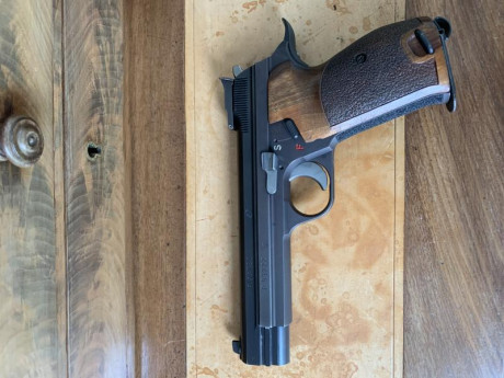 Se vende esta SIG P210 cañón de 5 pulgadas en 9 para. con cachas y rabera KNill, alza original micrométrica 00