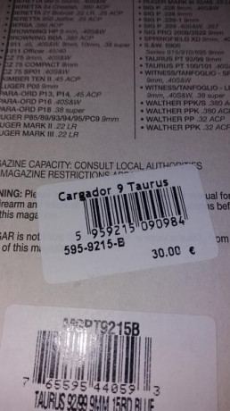 Vendo dos cargadores para pistola Taurus PT 92/99. Impecables, se han usado tres veces, en sus blister 01