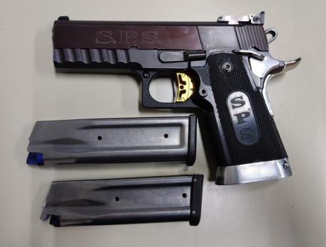 Vendo Pistola Marca S.P.S. modelo Super Match calibre 9mm con 2 cargadores. Para guiar con licencia A, 02