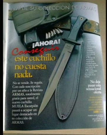 Cuchillo marca Muela acero al carbono, 21'5 cm de hoja, con anagrama de ARMAS Y MUNICIONES, en perfecto 02