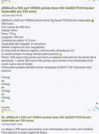 VENDO pistola 9mm SigSauer P239 bicolor impecable (precio negociable)
Con menos de 200 tiros. 
Calibre: 50