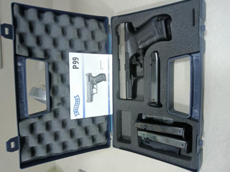 Hola, vendo pistola Walther P99 9mm parabellum bicolor.
Con 3 cargadores y caja original.
Guiada en A.
Muy 02