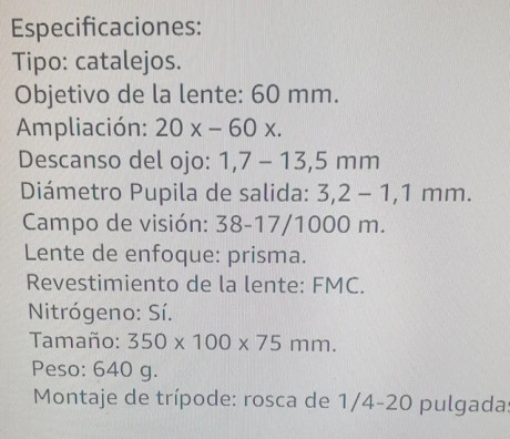 Catalejo 20-60x60 , con tripode en muy buen estado.
Se le perdio la tapa de la
lente.(no le afecta en 10