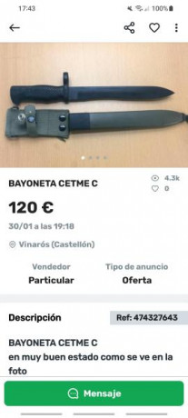 Se vende bayoneta del fusilado asalto CETME mod C (CHOPO). Está en muy buen estado.
Precio 75€ 12