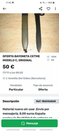 Se vende bayoneta del fusilado asalto CETME mod C (CHOPO). Está en muy buen estado.
Precio 75€ 20