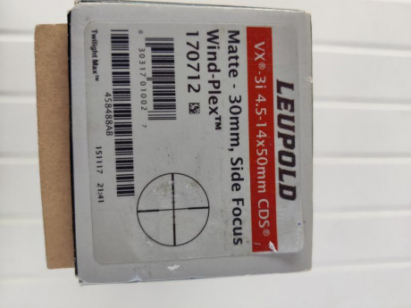 Vendo Leupold VX-3i 4.5-14x50 CDS con retícula wind-plex.
Está en perfecto estado. Es muy ligero, sólo 00
