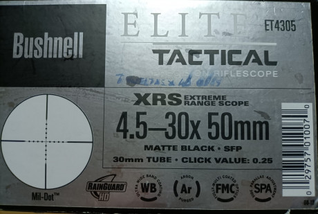 Vendo Visor Bushnell Elite Tactical 4,5-30x50 XRS en perfectas condiciones. Con torretas balísticas MOA, 00