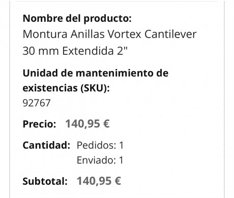 Montura Vortex cantilever como nueva. Comprada hace cinco meses, la vendo por 100 € más portes si los 02