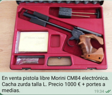 En venta pistola libre Morini CM84 electrónica.

-Cacha: talla L zurda
- Precio: 1000€
- Gastos de envio: 00
