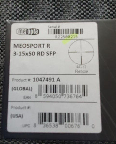 VENDIDO.

Vendo visor Meopta Meosport R 3-15x50 RD SFP.
Como nueva. Segundo plano focal. Tubo 30 mm. Reticula 02