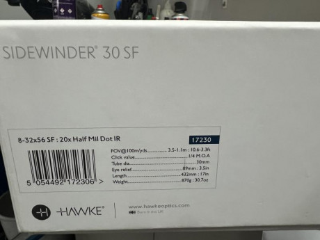 HAWKE SIDEWINDER SF 8-32X56 en estado impoluto, tapas aluminio, parasol, rueda paralaje,etc.
Con el visor 00