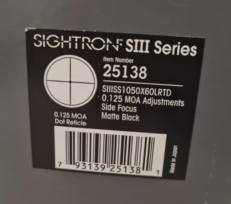 Vendo por no usar, visor SIGHTRON SIII SS 10-50x60 LRTD en perfecto estado.
Reticula dot: Cruz con punto 01