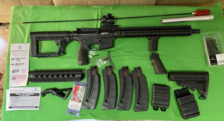 Vendo carabina S&W Mp15/22 con 4 cargadores guardamanos de aluminio de 13”,culata cambiada,puño del 00