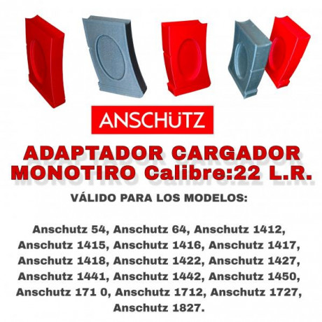Se venden adaptadores de cargador monotiro ANSCHÜTZ. Calibre 22 L.R. Nuevos.

Capacidad:1 tiro

Válido 02