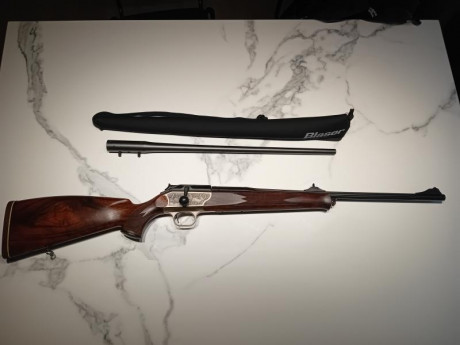 Rifle de la Marca Blaser modelo Luxus con ciervos y corzos en las chapas y dos cañones el principal en 02