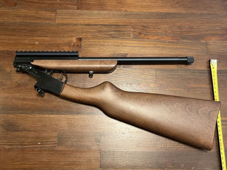 Carabina del calibre 22LR marca CHIAPPA Modelo LITTLE BADGER LUXE.
Es plegable, monotiro, tiene extractora, 00