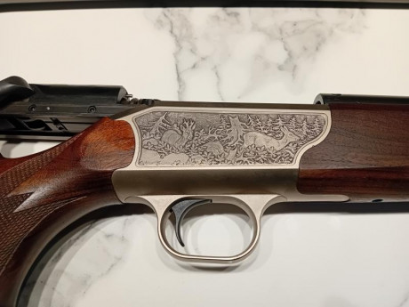 Rifle de la Marca Blaser modelo Luxus con ciervos y corzos en las chapas y dos cañones el principal en 41