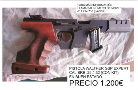 Marca: Walther
Modelo: GSP Expert
Calibre: .22 + kit .32
Precio: 1.200€
Buen estado.
Contacto: 617714716 00