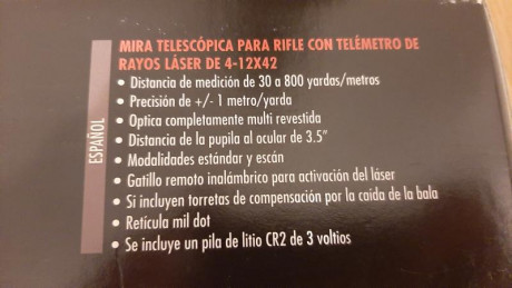 Vendo visor con telémetro incorporado. Es un Bushnell Yardage Pro, 4-12x42.
Nunca ha estado colocado en 12