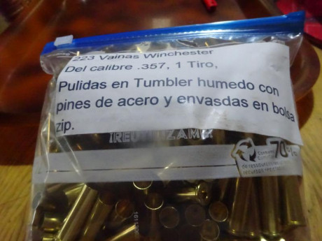 Vendo 223 vainas Winchester del calibre .357, 1 tiro, pulidas en tumbler humedo con pines de acero y envasadas 02