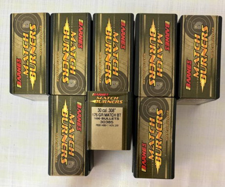 Hola,
Dispondo de 600 puntas calibre .308 

MARCA: Barnes
PESO: 175 grs
CB: 0,521
PRECIO: 52€/ caja de 00