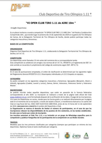 Buenos días. 
El 15 de septiembre celebramos en Sevilla nuestro open anual de pistola y carabina de aire 01