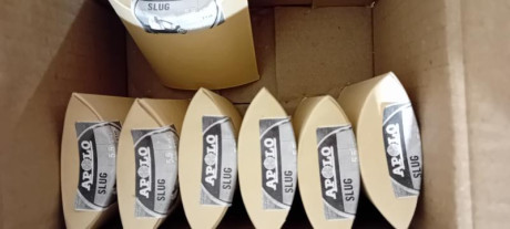Slug 5,5 (.22) marca Apolo en envase de cartón x 250 unidades.
Precio por caja €7 
Lote de 7 cajas. 
Más 02