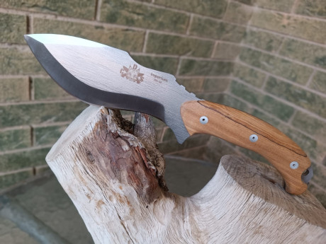 Contundente cuchillo de monte o supervivencia. Hecho a mano, con encabado en madera de olivo.
Hoja de 00