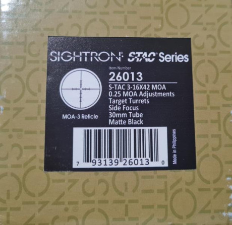 Vendo visor SIGHTRON S-TAC 3-16x42 retícula MOA 250 €  Transporte no incluido.
En perfecto estado. Sólo 02