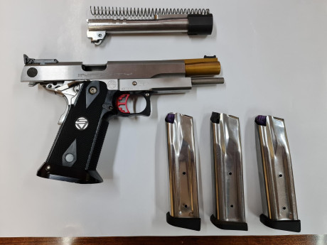 Pistola INFINITY HYBRID 9x19 en perfecto estado. Incluye dos cañones (como se ve en las fotos), tres cargadores, 01