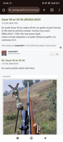 Se vende magnífico Sauer 90 en calibre 30-06, con gatillo al pelo y bases apel, en perfecto estado tanto 30