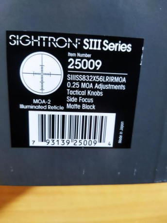 Vendo visor Sightron s3 8-32x56.
Retícula iluminada en segundo plano.
Fabricado en Japón.
Garantía de 21