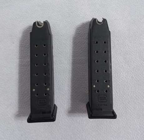 Vendo dos cargadores para Glock 19, en perfecto estado de funcionamiento; son cargadores de primera generación, 02
