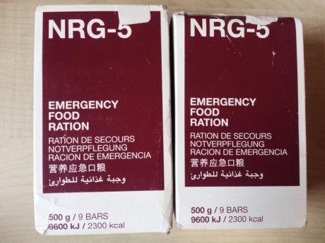 Vendo cuatro paquetes de Raciones de emergencia NRG 5. Dos con fecha caducidad 2039 y las otras dos de 02