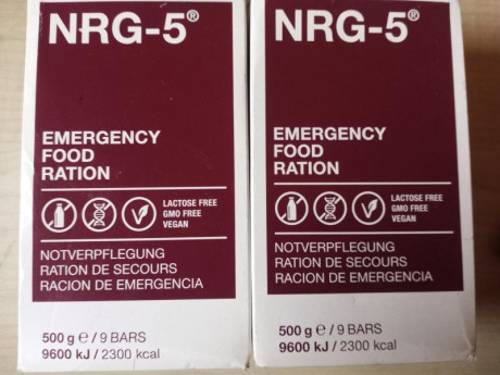 Vendo cuatro paquetes de Raciones de emergencia NRG 5. Dos con fecha caducidad 2039 y las otras dos de 01